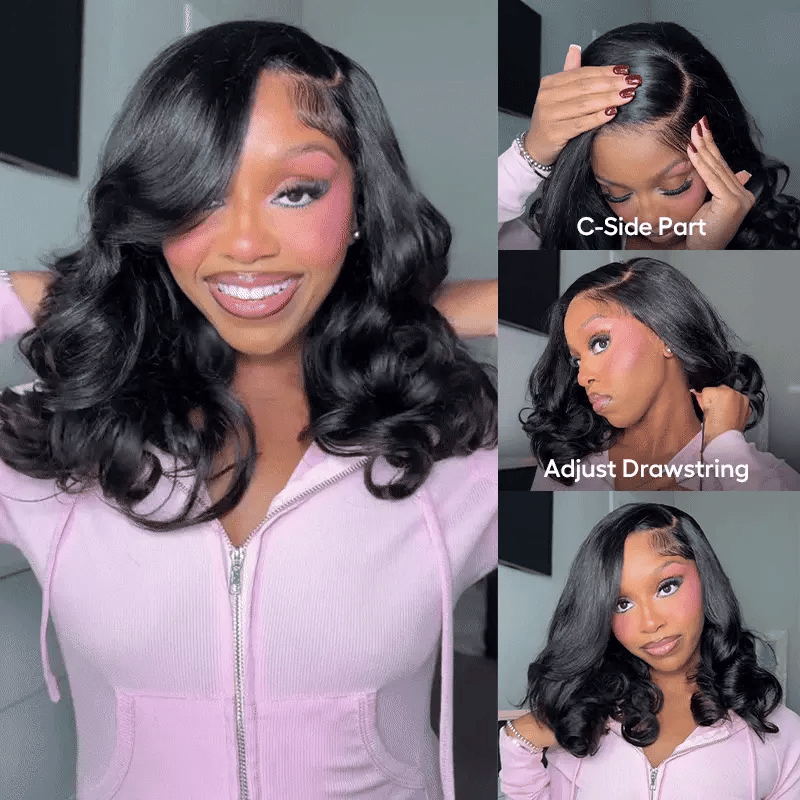 Glueless Loose Wave Bob Wig Human Hair C-Side Part 220% Density Undetectable HD Lace Front Short Wigs