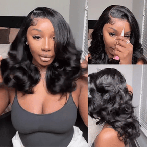 Glueless Loose Wave Bob Wig Human Hair C-Side Part 220% Density Undetectable HD Lace Front Short Wigs