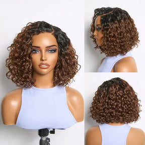 Glueless Short Bob Wig Water Wave 8x5 Pre-Cut Lace Bleached Knots Ready To Wear