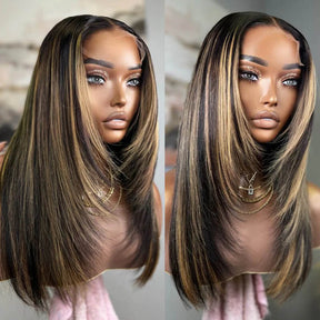 Layered Cut 4/27 Highlight Straight Human Hair Wigs Honey Blonde colored HD Lace Wig