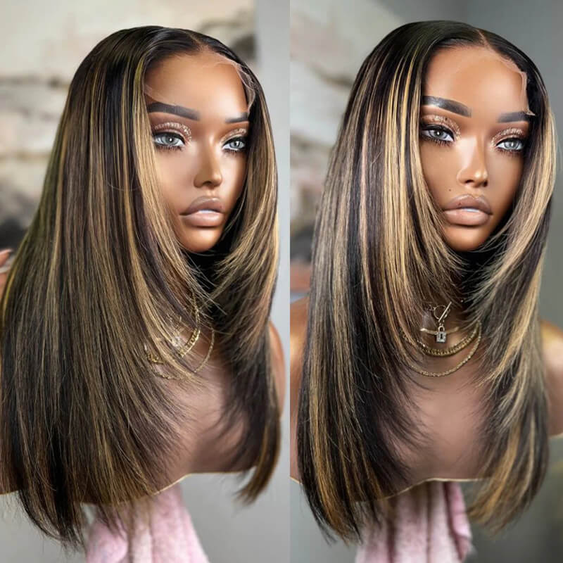 Layered Cut 4/27 Highlight Straight Human Hair Wigs Honey Blonde colored HD Lace Wig