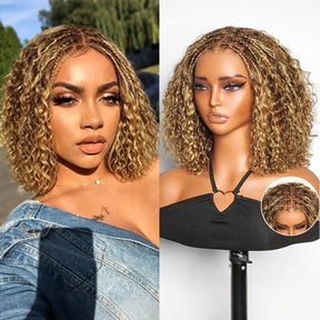 Short Boho Braids Bob Wig Water Wave Pre Cut 8x5 HD Full Lace Drawstring Human Hair
