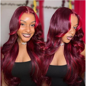 Burgundy With Red Highlights  5x5 HD Lace Closure Human Hair Wigs