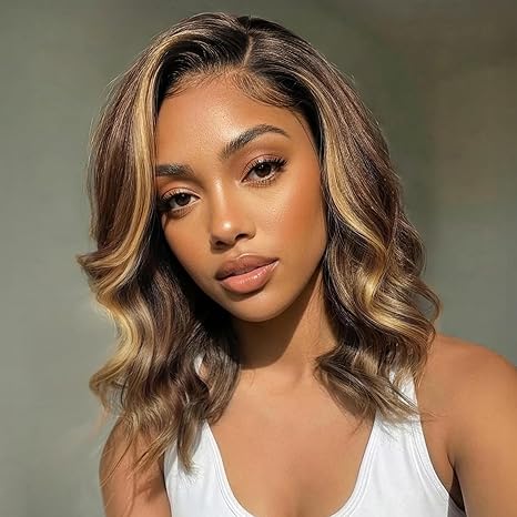 5x5 Honey Blonde Highlight Wavy Bob Drawstring Wig
