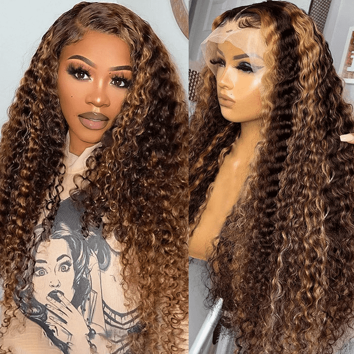 Water Wave Wig Natural Hair Color with Caramel Blonde Highlights Lace Front Wigs
