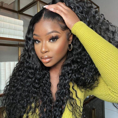 Invisible Knots Wig 8x5 Pre-Everything Glueless Lace Wigs Water Wave Wig With Ear Tapes Black Wigs