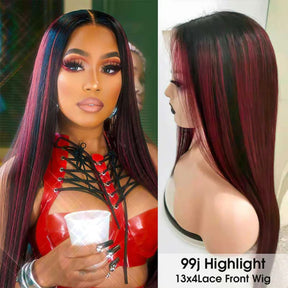 Black Wig With 99J Burgundy Highlight Mixed Colored 13*4 HD Lace Front Human Hair Wigs 180% Density