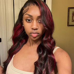 Black Wig With 99J Burgundy Highlight Mixed Colored 13*4 HD Lace Front Human Hair Wigs 180% Density
