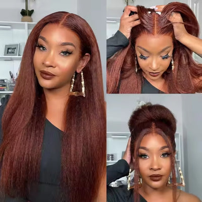 #33 Reddish Brown Kinky Straight Wig Autumn Color Glueless HD Lace Front Human Hair Wigs