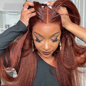 #33 Reddish Brown Kinky Straight Wig Autumn Color Glueless HD Lace Front Human Hair Wigs