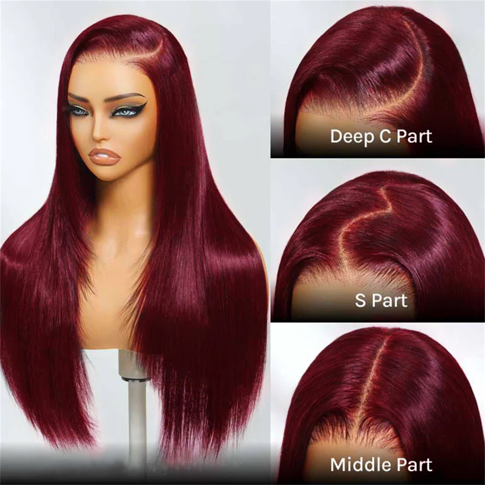 Pizazz Hair #99J Burgundy Color Layered Cut Straight 8x5 Glueless Wigs HD Lace Human Hair Wig