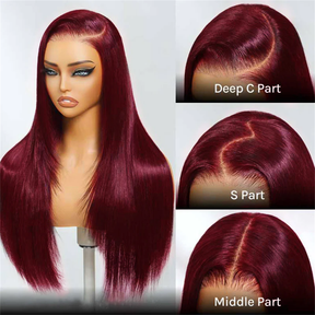Pizazz Hair #99J Burgundy Color Layered Cut Straight 8x5 Glueless Wigs HD Lace Human Hair Wig