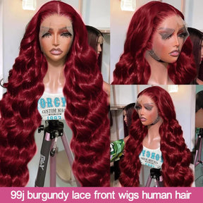 Pizazz 99j Burgundy Lace Front Wigs Human Hair 28Inch 13x6 Burgundy Wig Human Hair 250% Density Brazilian Virgin Straight Human Hair Wigs