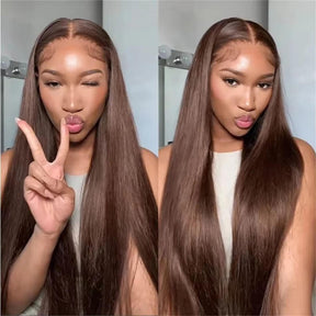 Pizazz New 4# Chocolate Brown Straight 13X6 HD Lace Human Hair Wigs Pre Plucked Hairline 180% Density