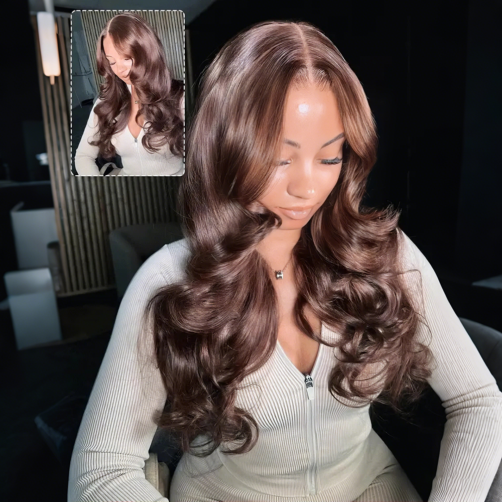 Pizazz Hair Chocolate Brown Body Wave With Curtain Bangs Wig 8×5 Pre-Cut Glueless Lace Wig 180%