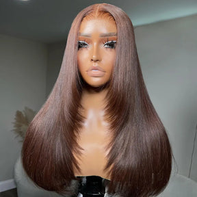 Pizazz Hair Layered Cut #4 Dark Brown Straight 8X5 Glueless With Pre-plucked Hairline Human Hair Wigs