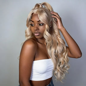 Pizazz Hair Ash Blonde 18# Color Body Wave Human Hair 13×6 HD Lace Frontal Glueless Wigs 180% Density