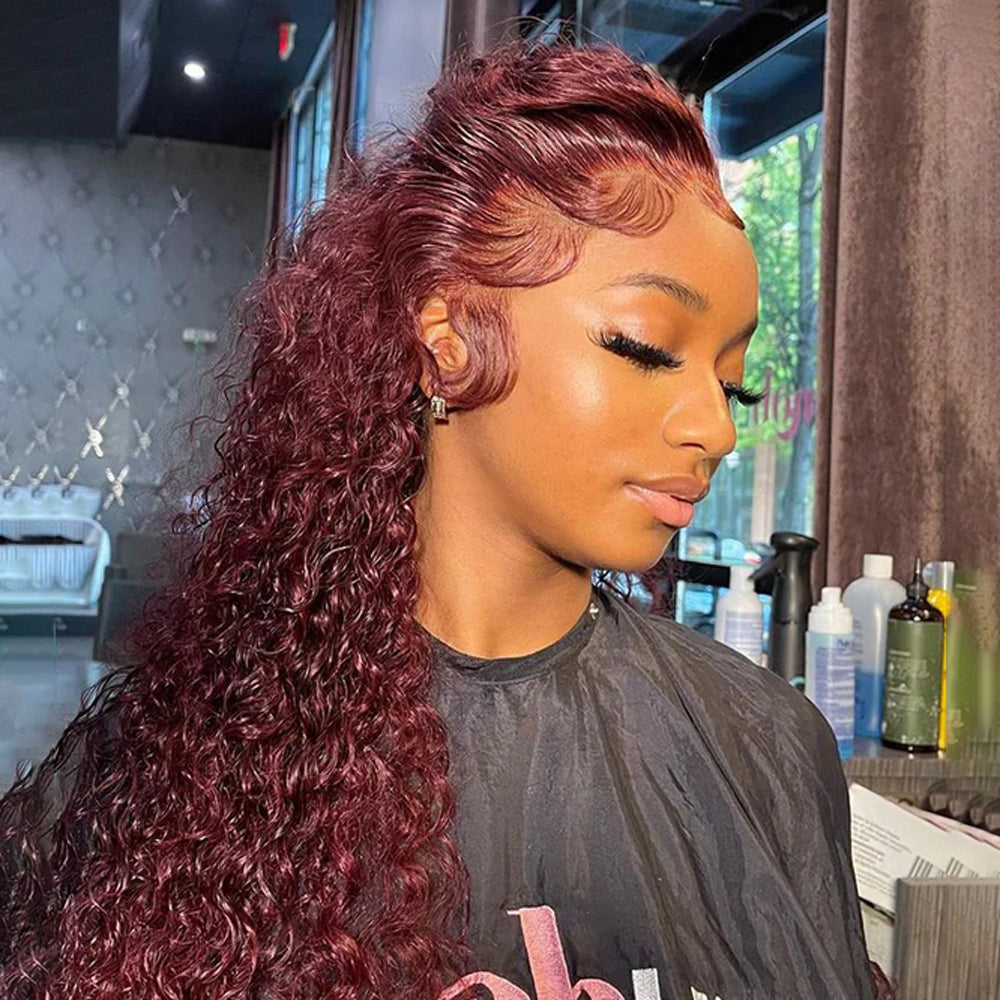 Pizazz Hair 99J Burgundy Deep Wave Lace Front Wigs Human Hair 250% Density 13x6 Glueless HD Transparent Lace Frontal Wigs