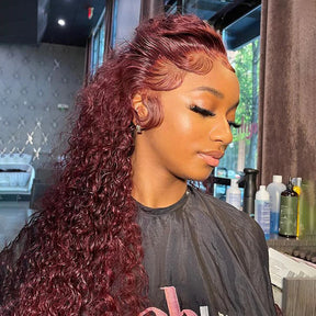 Pizazz Hair 99J Burgundy Deep Wave Lace Front Wigs Human Hair 250% Density 13x6 Glueless HD Transparent Lace Frontal Wigs