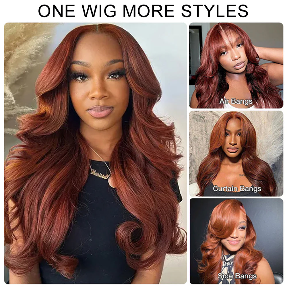 Pizazz Hair Curtain Bangs Reddish Brown Body Wave  HD Lace Frontal Wig  Human Hair Wig