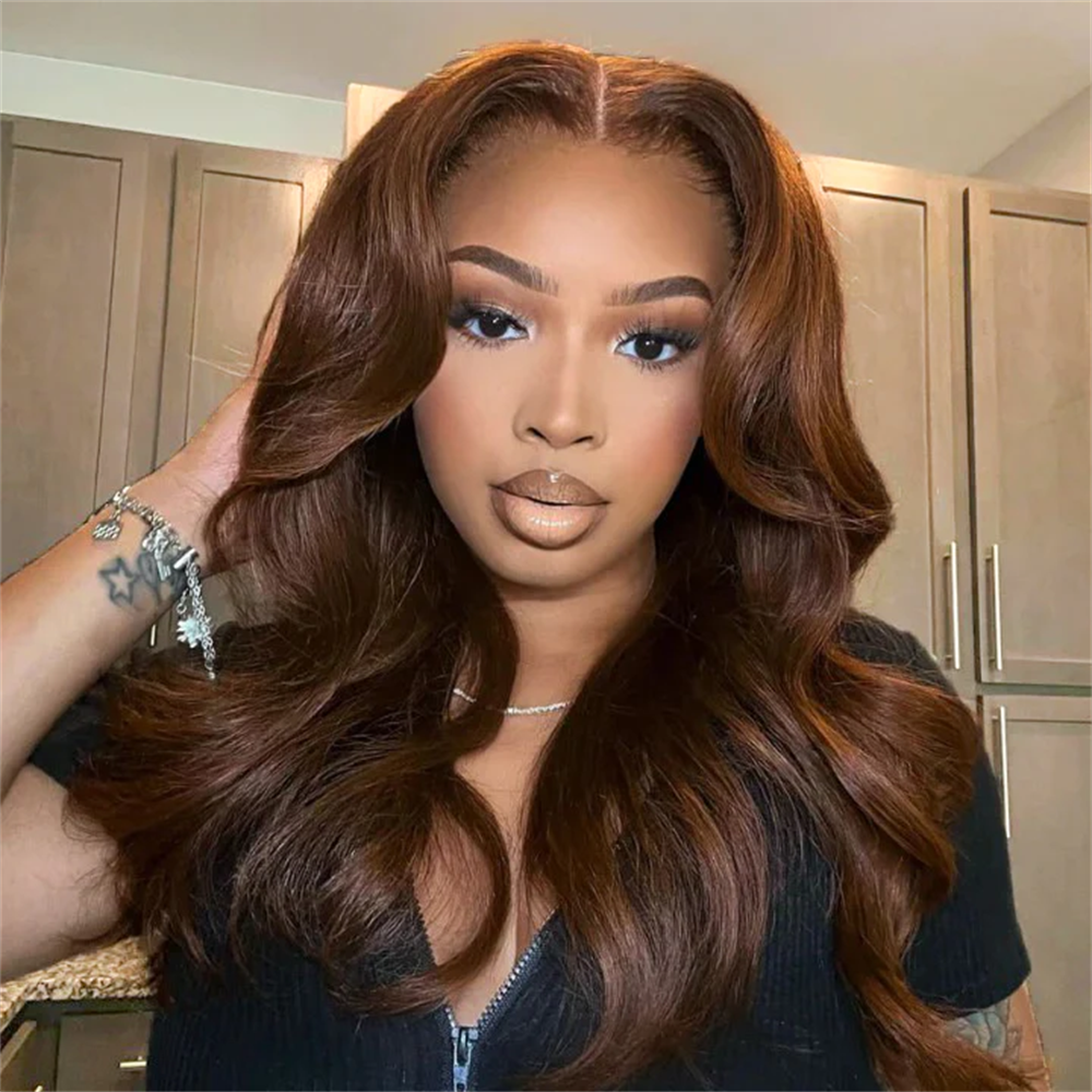 Pizazz Hair Chocolate Brown Body Wave With Curtain Bangs Wig 8×5 Pre-Cut Glueless Lace Wig 180%