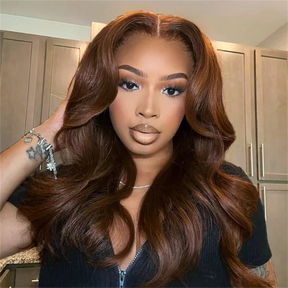 Pizazz Hair Chocolate Brown Body Wave With Curtain Bangs Wig 8×5 Pre-Cut Glueless Lace Wig 180%