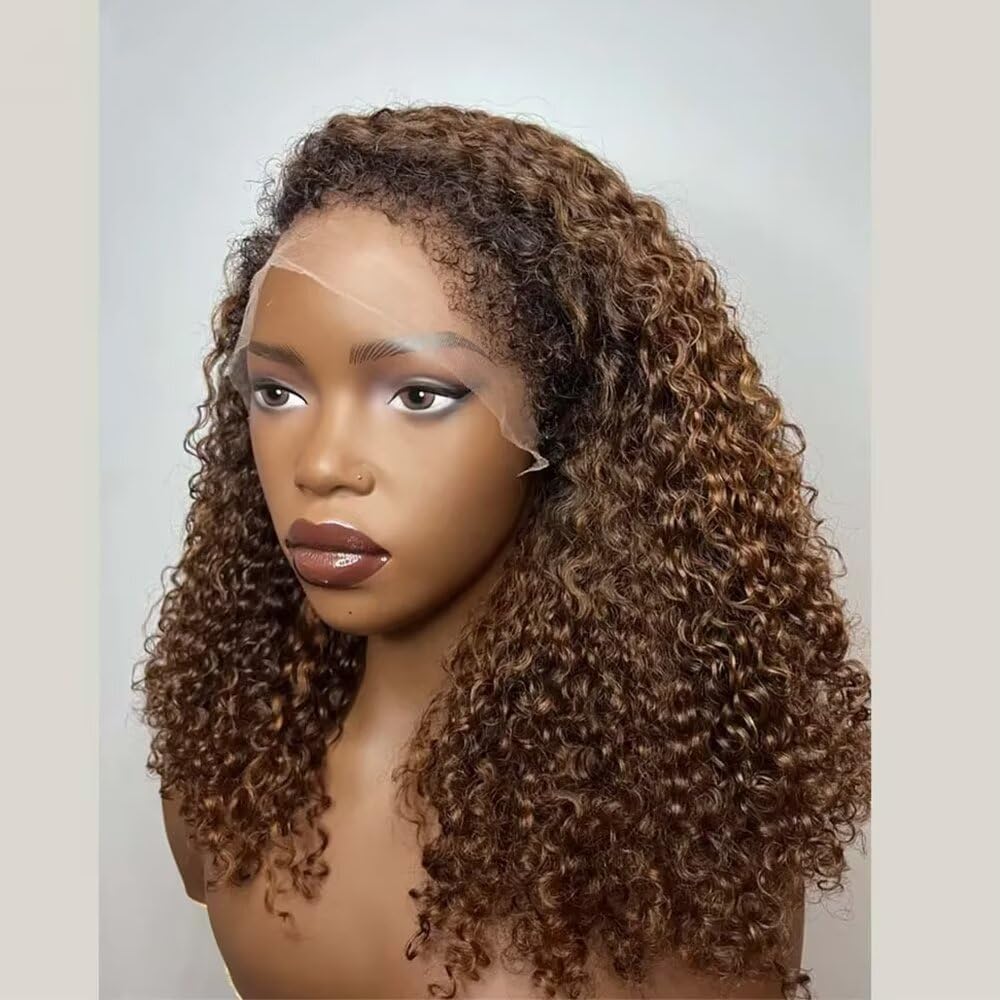 Pizazz 4C Edges Honey Blonde Highlight 4/27 Curly Kinky Edges 13x6 HD Lace Front Wig 100% Human Hair