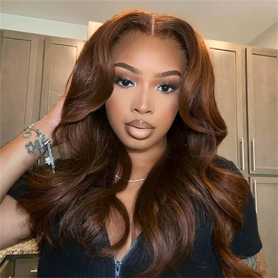 Pizazz Hair Chocolate Brown Body Wave Curtain Bangs Wig | 13x6 Deep Part Glueless Pre-Cut HD Lace Wear & Go