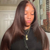 Pizazz Hair Layered Cut #4 Dark Brown Straight 8X5 Glueless With Pre-plucked Hairline Human Hair Wigs