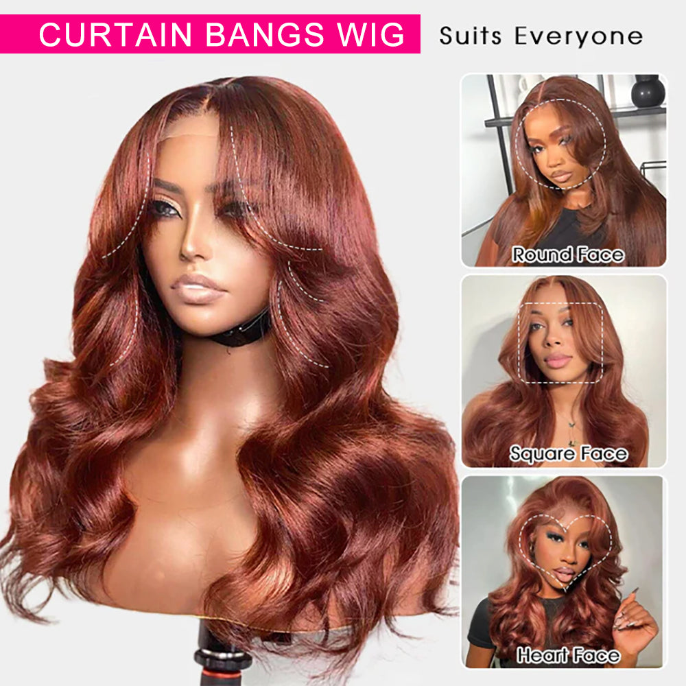Pizazz Hair Curtain Bangs Reddish Brown Body Wave  HD Lace Frontal Wig  Human Hair Wig