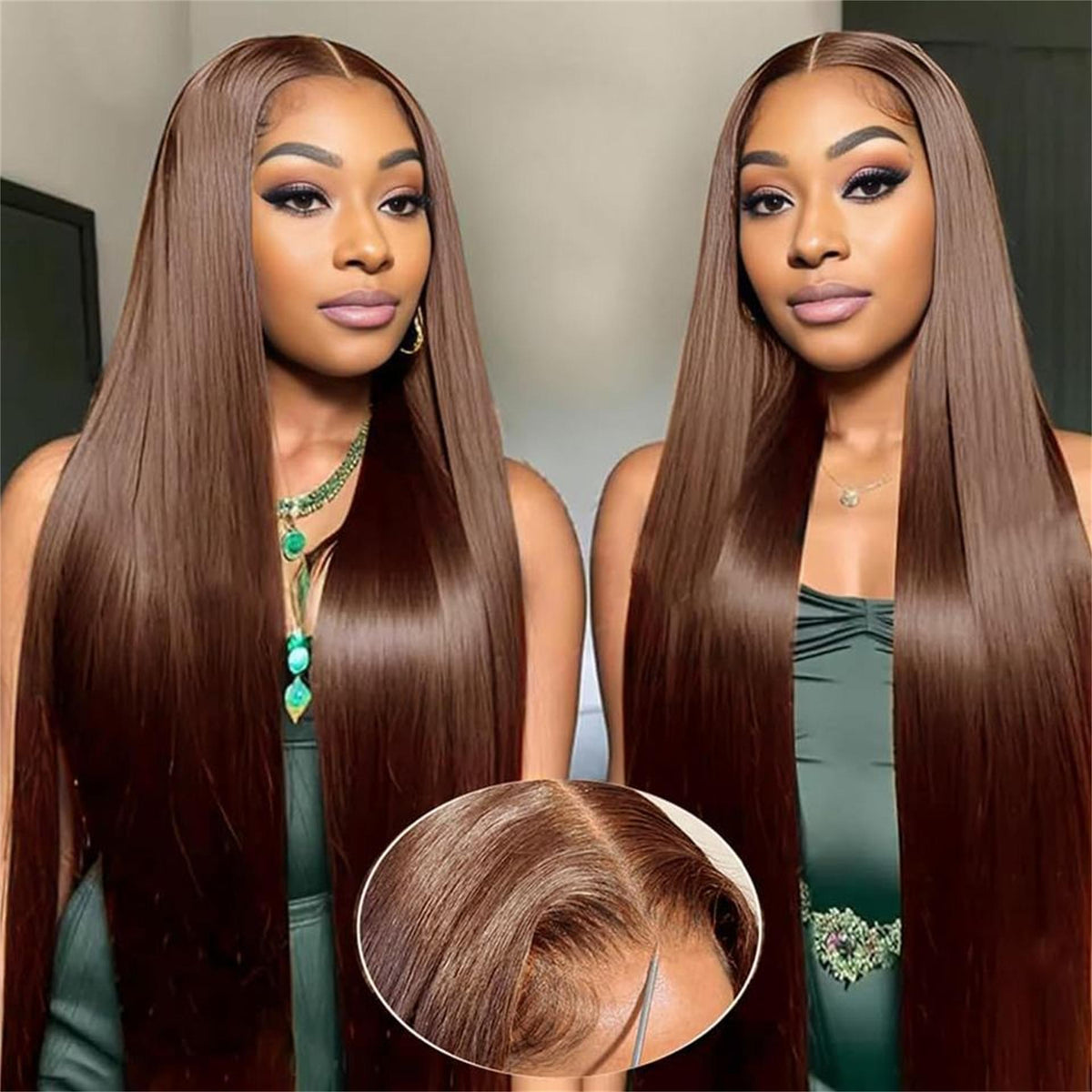 Pizazz New 4# Chocolate Brown 13x6 HD Lace Straight Human Hair Wig Invisi-Drawstring Pre-Everything Pre Plucked Hairline 180% Density