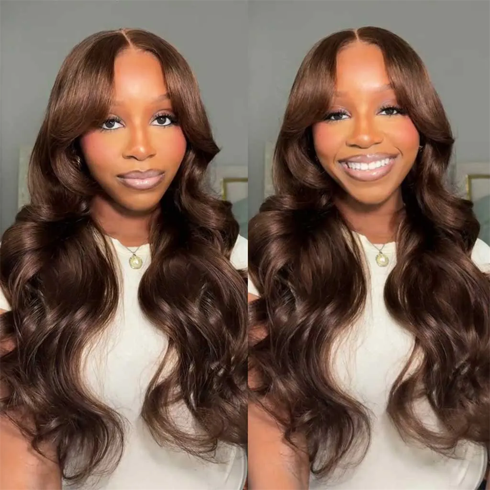 Pizazz Hair Chocolate Brown Body Wave With Curtain Bangs Wig 8×5 Pre-Cut Glueless Lace Wig 180%