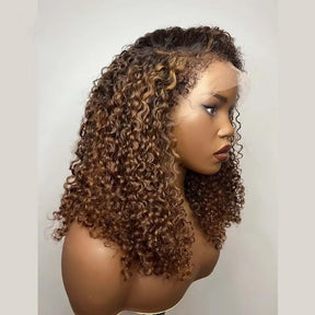 Pizazz 4C Edges Honey Blonde Highlight 4/27 Curly Kinky Edges 13x6 HD Lace Front Wig 100% Human Hair