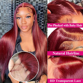 Pizazz 13x6 99j Burgundy Lace Front Wigs Human Hair Pre Plucked HD Straight Lace Front Wigs Human hair Glueless 30 Inch Red Wig