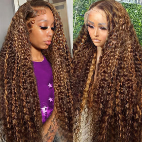 Pizazz Hair 13x6 Highlight 4/27 Color  Deep Wave Lace Front Wigs Human Hair Ombre Curly Glueless Wig