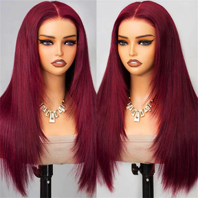 Pizazz Hair #99J Burgundy Color Layered Cut Straight 8x5 Glueless Wigs HD Lace Human Hair Wig