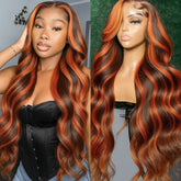 Pizazz Hair #4/350 Red Copper Highlight Body Wave 13x6 Full Lace Front Wigs Human Hair Pre Plucked for Women  (26Inch) 180% Density