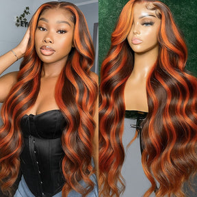 Pizazz Hair #4/350 Red Copper Highlight Body Wave 13x6 Full Lace Front Wigs Human Hair Pre Plucked for Women  (26Inch) 180% Density