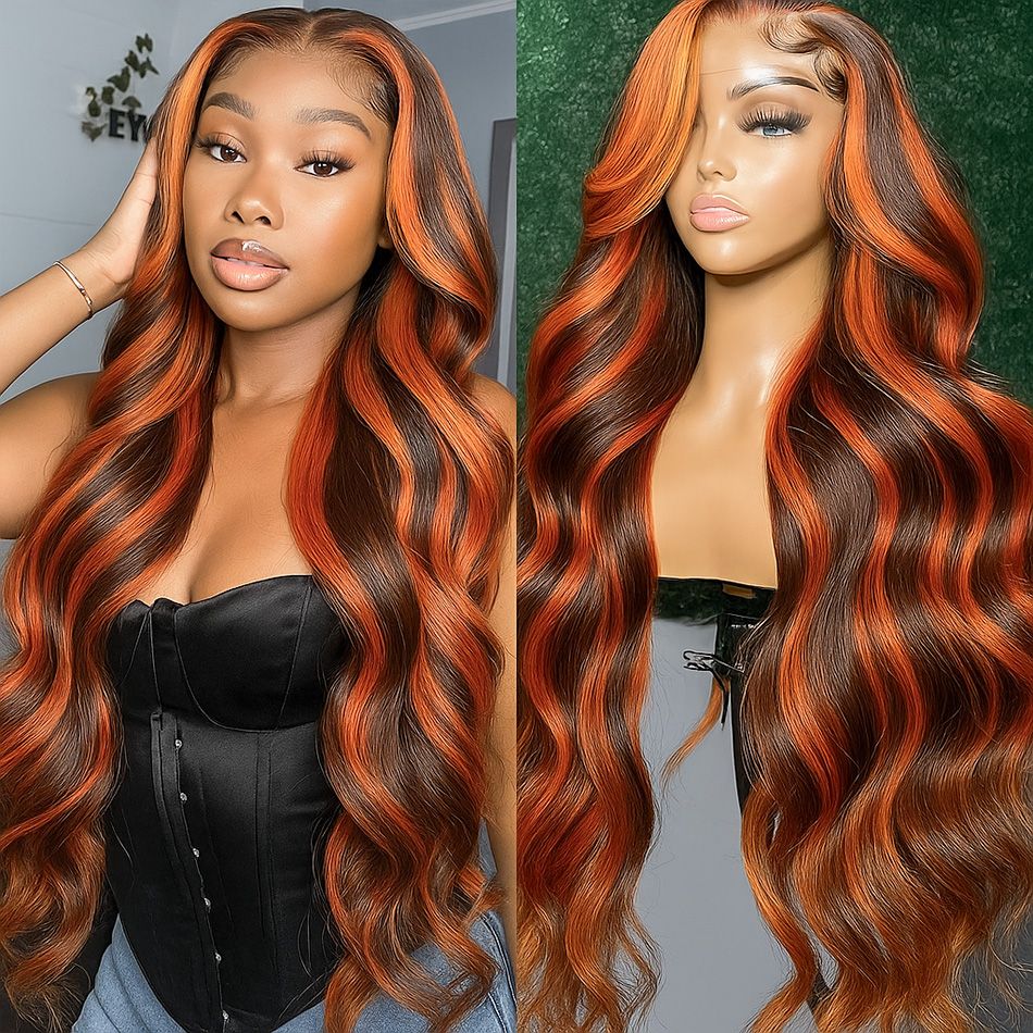Pizazz Hair #4/350 Red Copper Highlight Body Wave 13x6 Full Lace Front Wigs Human Hair Pre Plucked for Women  (26Inch) 180% Density