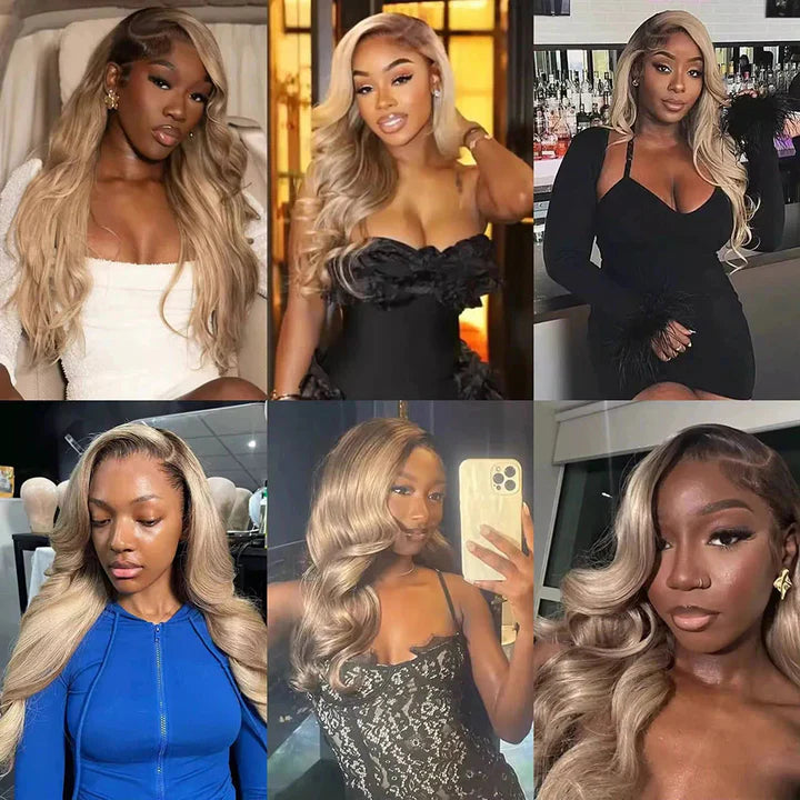 Ash Blonde Mixed Dirty Blonde  With Dark Roots 13x6 HD Glueless Human Hair Wigs
