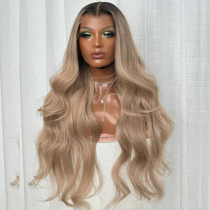Ash Blonde Mixed Dirty Blonde  With Dark Roots 13x6 HD Glueless Human Hair Wigs