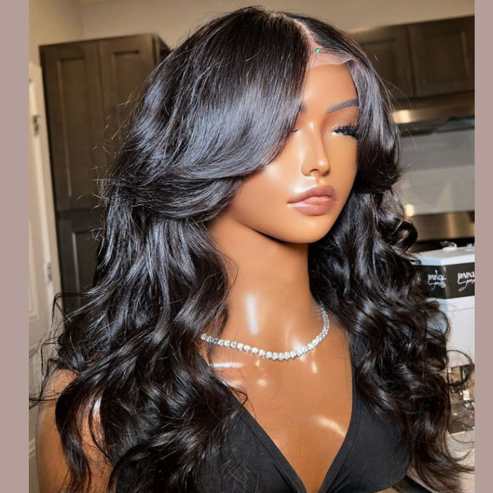 New Curtain Bangs Pre Cut HD Lace Wig Body Wave Guleless Wear&GO Human Hair Wigs