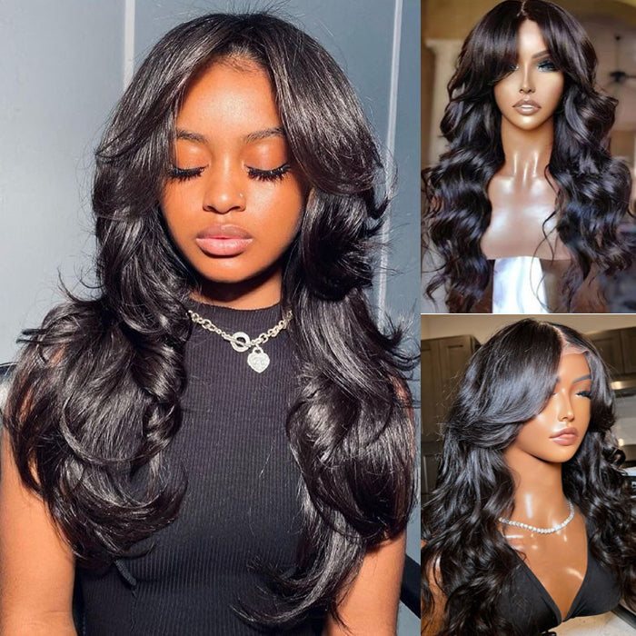 New Curtain Bangs Pre Cut HD Lace Wig Body Wave Guleless Wear&GO Human Hair Wigs