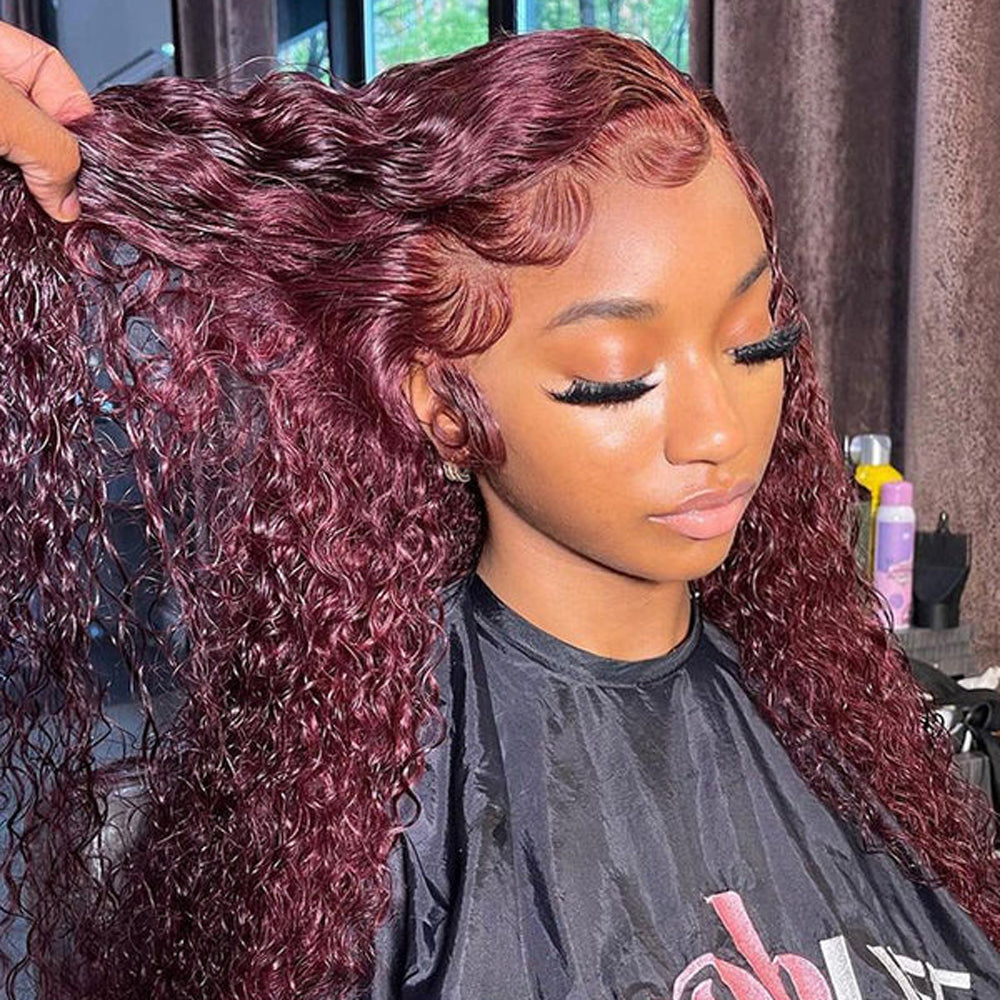 Pizazz Hair 99J Burgundy Deep Wave Lace Front Wigs Human Hair 250% Density 13x6 Glueless HD Transparent Lace Frontal Wigs