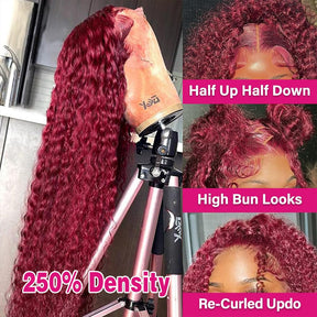 Pizazz Hair 99J Burgundy Deep Wave Lace Front Wigs Human Hair 250% Density 13x6 Glueless HD Transparent Lace Frontal Wigs