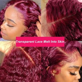 Pizazz Hair 99J Burgundy Deep Wave Lace Front Wigs Human Hair 250% Density 13x6 Glueless HD Transparent Lace Frontal Wigs