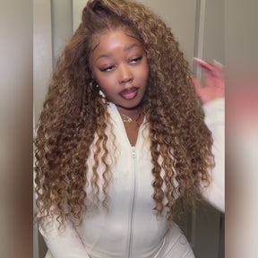 Pizazz Hair 13x6 Highlight 4/27 Color  Deep Wave Lace Front Wigs Human Hair Ombre Curly Glueless Wig