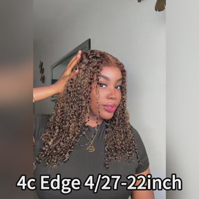 Pizazz 4C Edges Honey Blonde Highlight 4/27 Curly Kinky Edges 13x6 HD Lace Front Wig 100% Human Hair