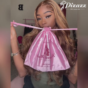 Pizazz 26 Inch Highlight 13x6 Body Wave HD Transparent Lace Front Wigs Human Hair 4/27 Honey Blonde Body Wave Lace Frontal Wig