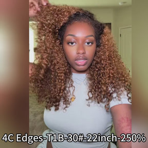 Pizazz 4C Edges Black Brown Ombre Jerry Curly  Kinky Edges 13x6 HD Lace Front Wig 100% Human Hair